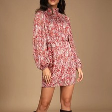 Lulus Mock Neck Long Sleeve Mini Dress Paisley Rust Red Cocktail Hour Chic XS