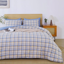 Queen Comforter Set, 3 PCS Blue Orange Plaid Bedding Comforter, Reversible Light