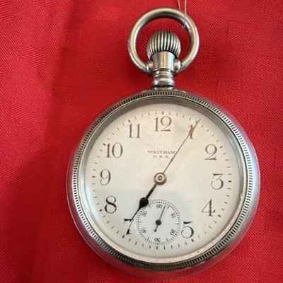 Waltham silver railroad grade pocket watch train engraving