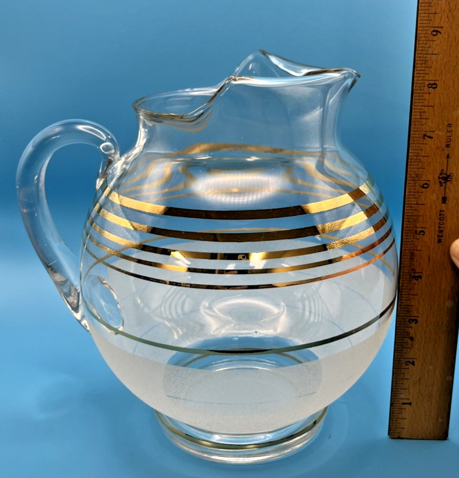 West Virginia Glass Blendo Pitcher Clear & textured Frosted Glass gold MCM Gift