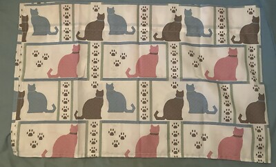 Felix Cat Valance w/brown/pink/blue cats w/brown cat prints on white background