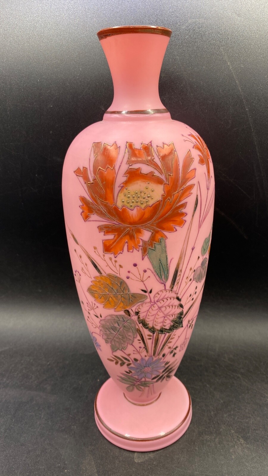 Victorian Pink Glass Vase 12 1/2" Poppy Wildflower Textured Hand