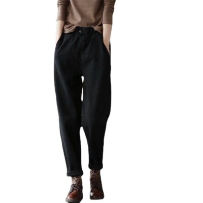 Lady Thick Faux Fleece-lined Harem Pants Long Trousers Springy Waist Warm Slim
