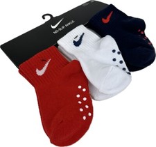 Nike Toddler 3 Pk Red White Blue Ankle Cotton Swoosh Gripper Sock Set Sz 2-4 Yrs