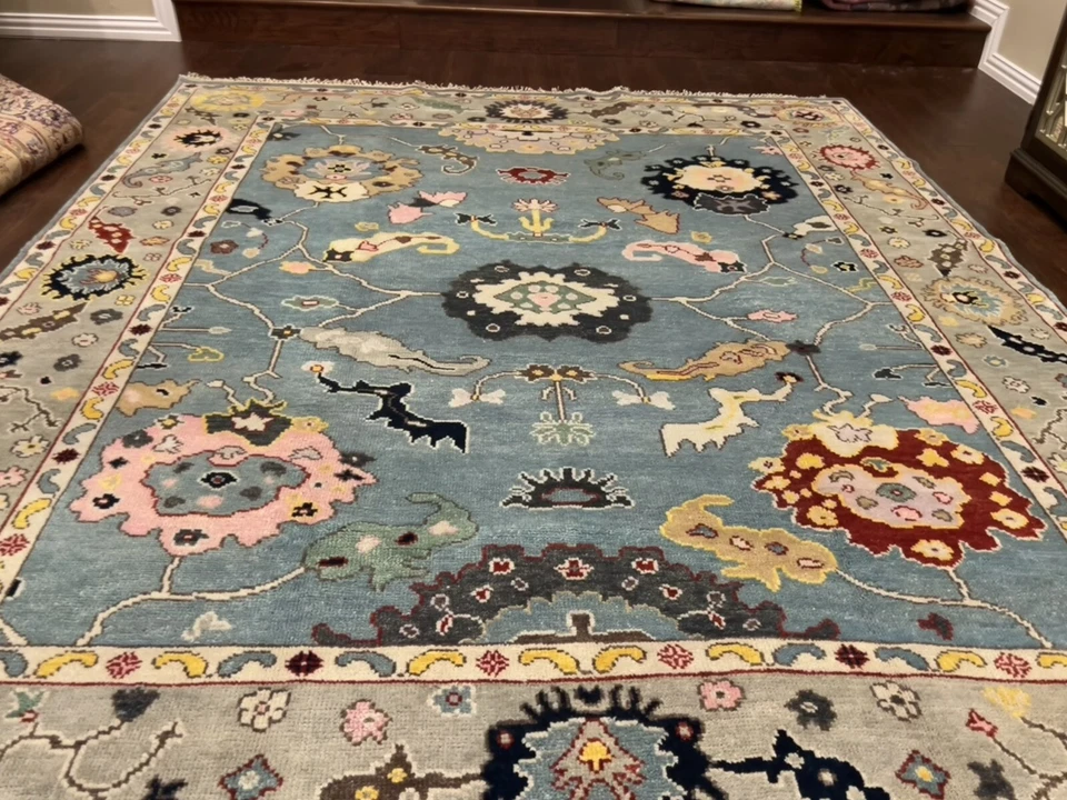 Genuine Hand Knotted Silver/Blue Oushak Heriz Geometric Area Rug Carpet 8’1x9’10 Foto 4 de 4