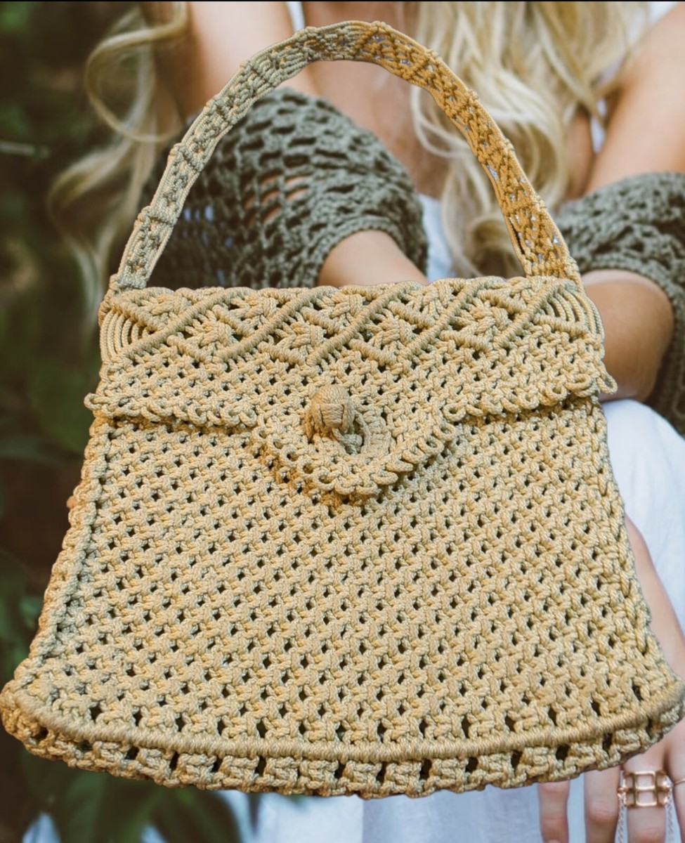 Vintage Handmade Designer Inspired 1970 Boho Macrame Natural Jute Handbag  Lined