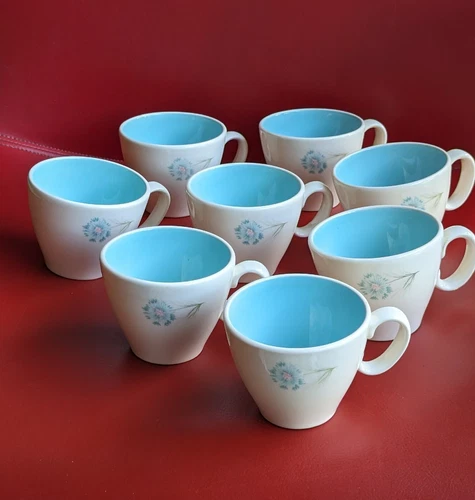 Set of 8 MCM Taylor Smith Taylor Ever Yours Blue Boutonniere Tea Coffee Cups