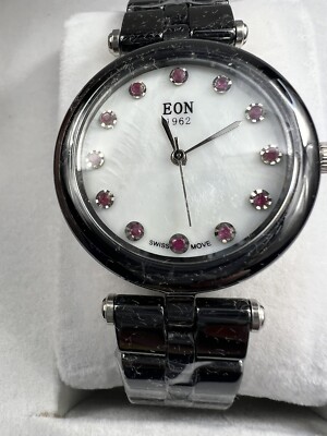 EON Luxury Black Ceramic Goth  Ruby Mother Of Pearl Wristwatch Swiss Move Noir