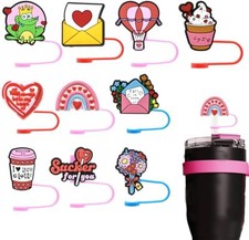 10PCS Straw Caps Covers Reusable Straws, Pink Love Hearts Pattern Straw
