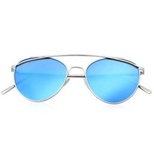 Sunglasses Blue Mirror Reflective Lens Silver Frame Fashion Pilot Style UV400