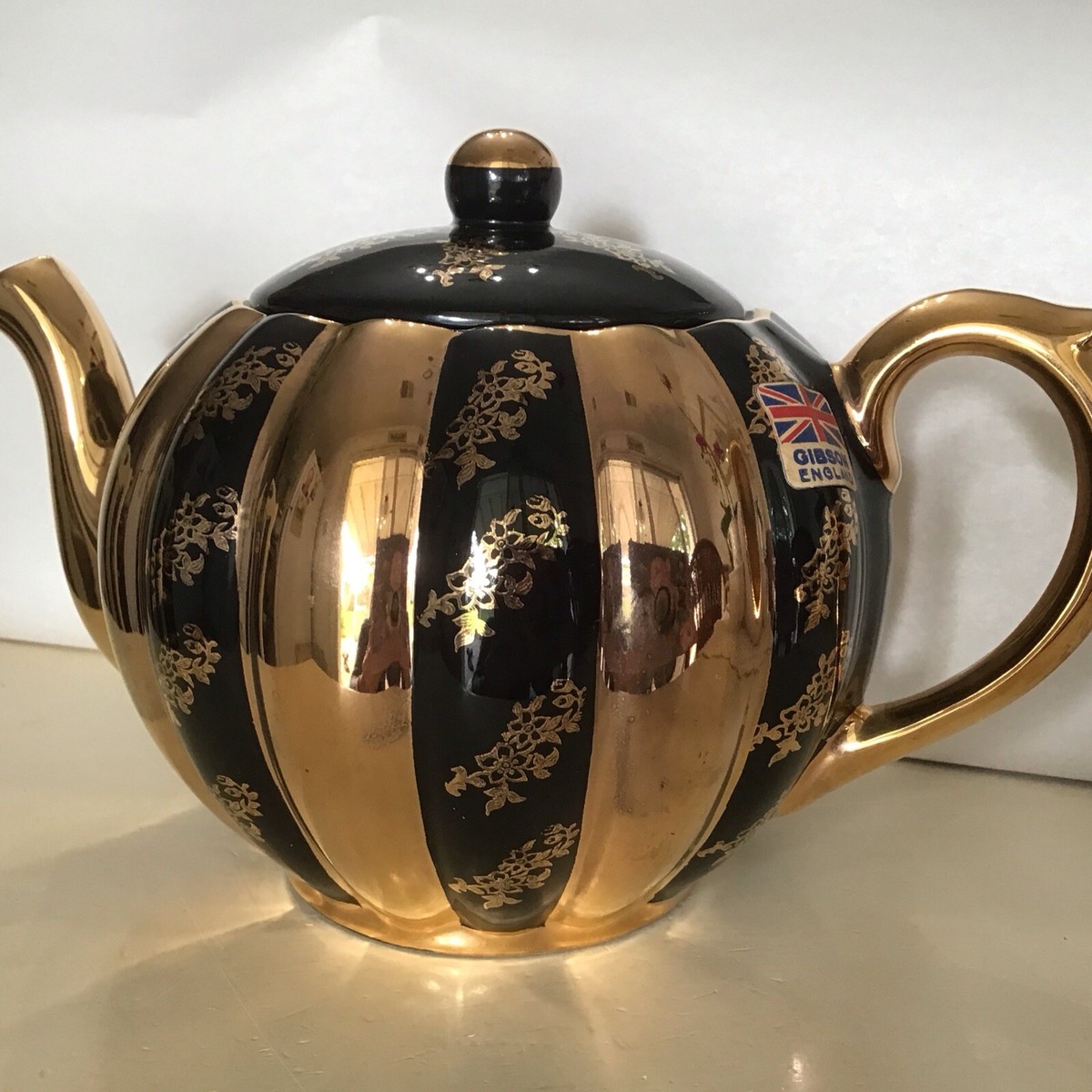 Vintage Gibson Black & Gold Striped Teapot With Lid Pumpkin