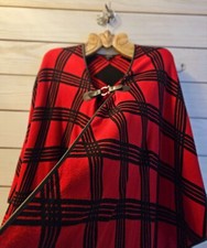 TALBOTS Classic Garnet Red Plaid Wool Blend Holiday Festive Cape Sz M/L