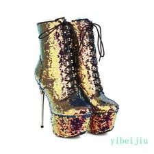 Women's Over High Heel Sequins Ankle Boots Lace Up Club Stage Bingbling Shoes