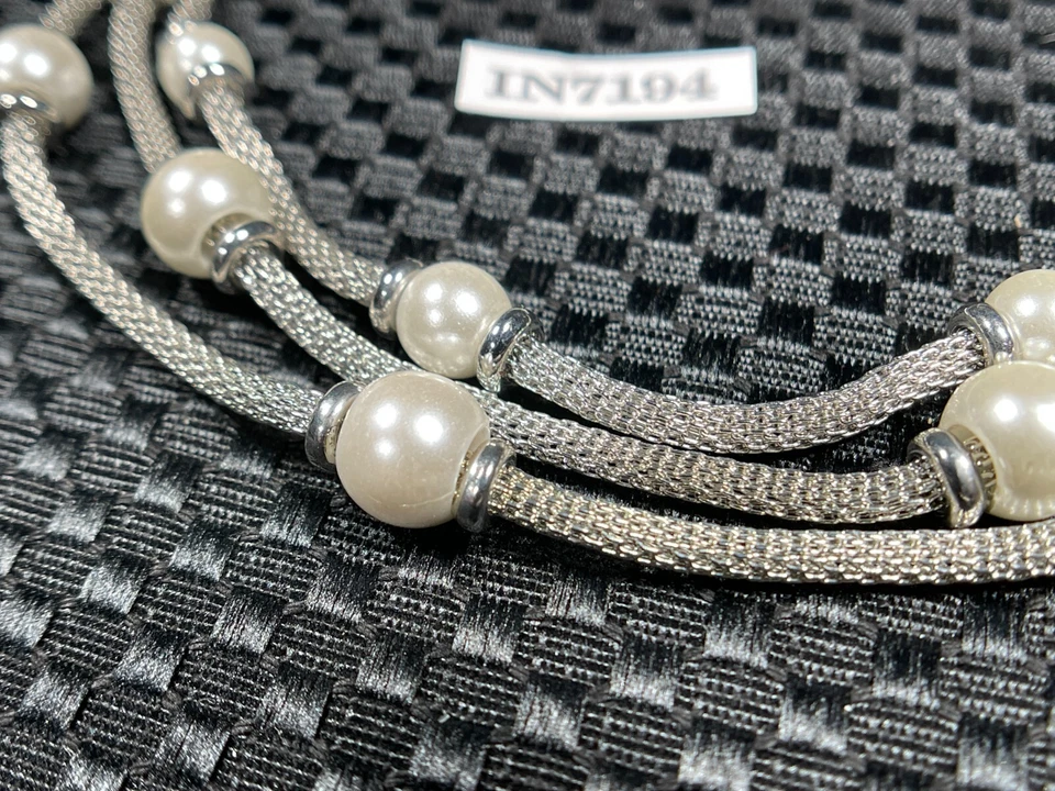 Anne Klein Necklace 3 Strand 19" Silver Round Mesh w Pearls Real/Faux IN7194 - Image 4 of 4