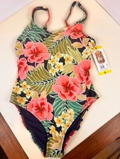 NWT Hurley Women's 1 Piece 4 way stretch UPF 50 Pink Floral Cheeky Swimsuit Sz S