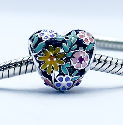 Wunderschöner Blumengarten Blüte Charm Liebe Herz Echt 925 Sterling Silber  