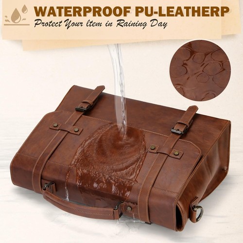 Mens Leather Messenger Bag Waterproof 17 Inch Laptop Briefcase Business Travel - Picture 6 of 10