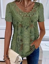 Elegant Floral Print Short Sleeve Blouse - Lace Detail, Ruffled Neckline