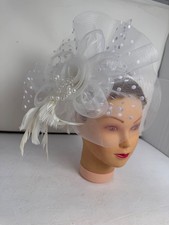 Ladies White Fascinator Polka Dot Mesh Hat Mesh Feathers Tea Party Derby
