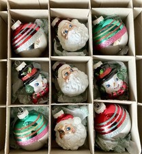 9 LARGE Shiny Brite Christmas Ornaments Santa Snowmen Rounds Radko Classic Color