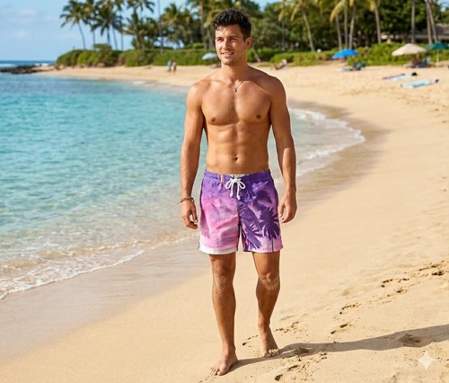 Tokyo Laundry Swim Shorts Men Medium Unlined Hawaiian Trunks Beach Surf Purple