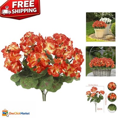 Realistic 2 Pcs Orange Silk Geraniums - Perfect for Home & Garden Decor