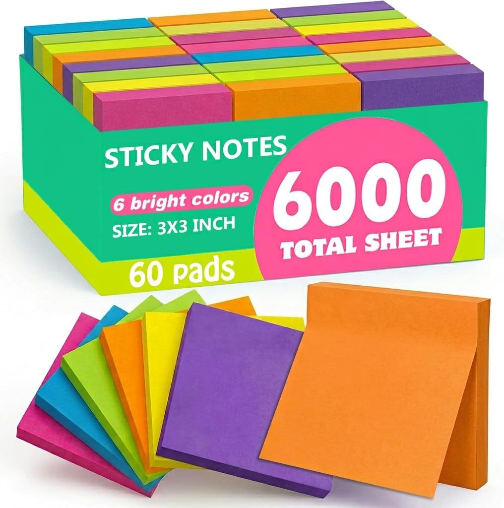 Sticky Notes Bulk, 60 Pads Sticky Notes, 3 X 3 Inch, 100 Sheets/Pad, Assorted Br