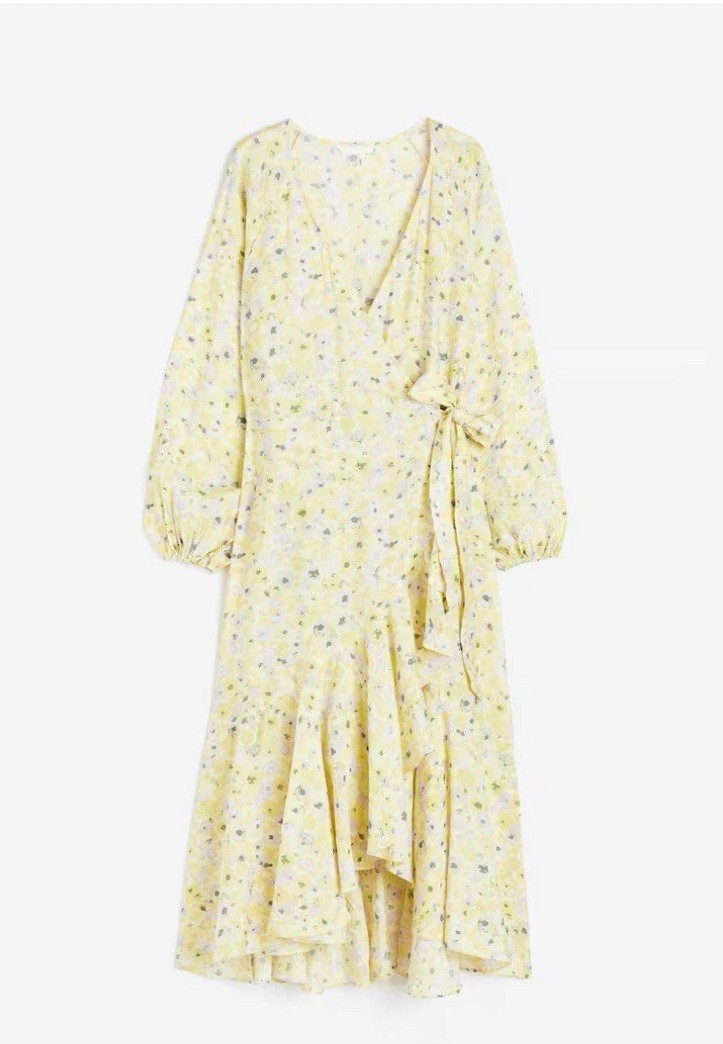 H&M Yellow Floral Maxi Wrap Dress V-Neck Long Balloon Sleeve Ruffle Tie Size S