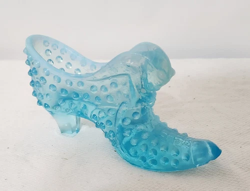 Vintage Fenton Opalescent Hobnail Shoe 6in x 3in MCM Blue Cat Face Glass Slipper
