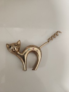 Vintage Cat Corkscrew Tail and Bottle Opener MCM Gold/Silver Rhinestones 