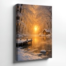 Wall Art Winter Cabin Lake Sunset Snowy Forest Landscape Canvas Print Decor
