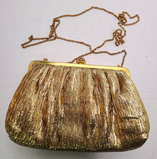 Vintage 80s Gold Metallic Pleated Convertible Clutch Shoulder Bag Chain Strap