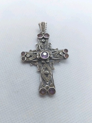 Impresionante Colgante Cruz Amatista Marcasita Plata de Ley 925 Ornamentada - Imagen 2 de 17