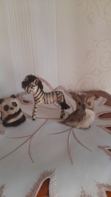 60er ''WAGNER Handwork'' Zebra Flockprint, Panda Fell Schweden, Eule Fell Austria 