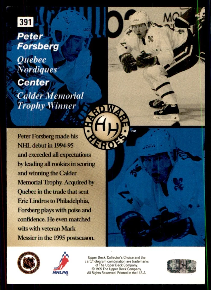 1995-96 Collector's Choice Peter Forsberg Quebec Nordiques #391 - Image 2 of 2