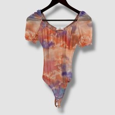 MISSGUIDED Womens Cloud Print Mesh Bodysuit Sheer Puff Sleeve Pastel Boho UK 6