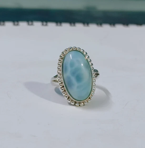Precioso anillo de piedras preciosas Larimar hecho a mano de plata 925 anillo de todas las tallas R312 Foto 4 de 4