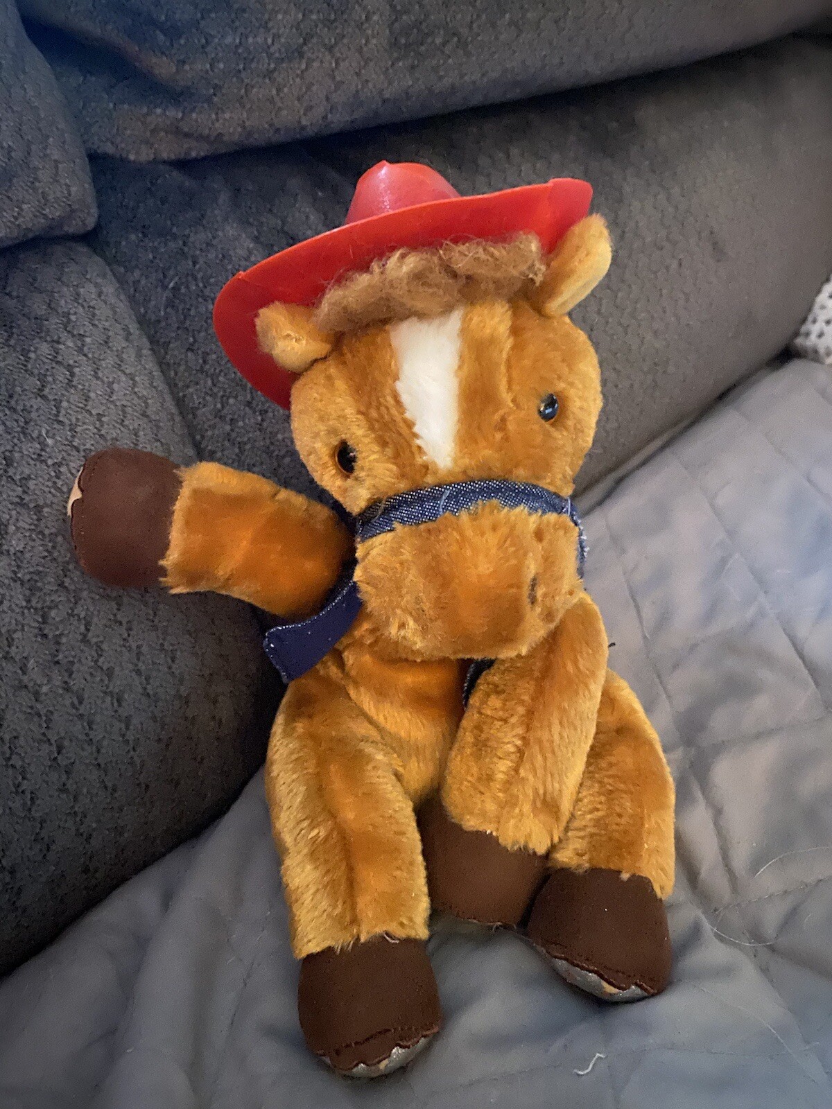 Cappello da cowboy rosso Aurora Cavallo Pony Peluche Imbottito Animale Bandana Blu Denim