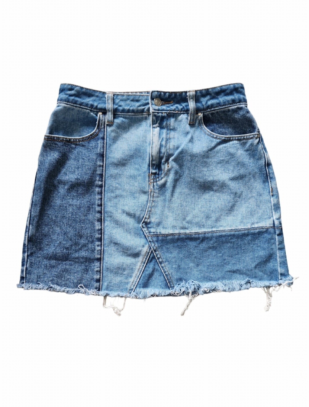 Pacsun Patchwork Denim Jean Mini Skirt size 26 Y2K Distressed Blue Jean Stretchy