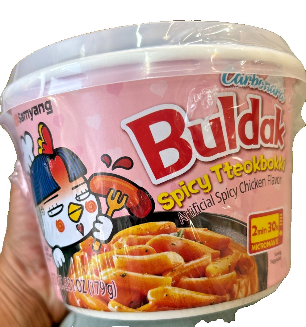 Pastel de arroz Buldak Carbonara Topokki - sabor a queso pollo picante, 6,31 oz paquetes de 2