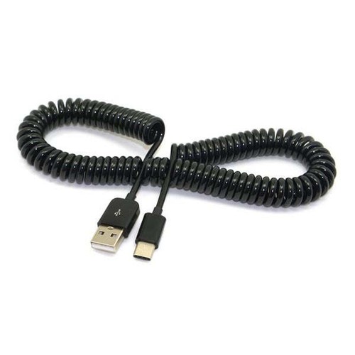 System-S USB Type C Zu USB 2.0 Spiralkabel (30–50 Cm) – Schwarz, Für Daten & Laden, 480 Mbit/s, 2,4 A