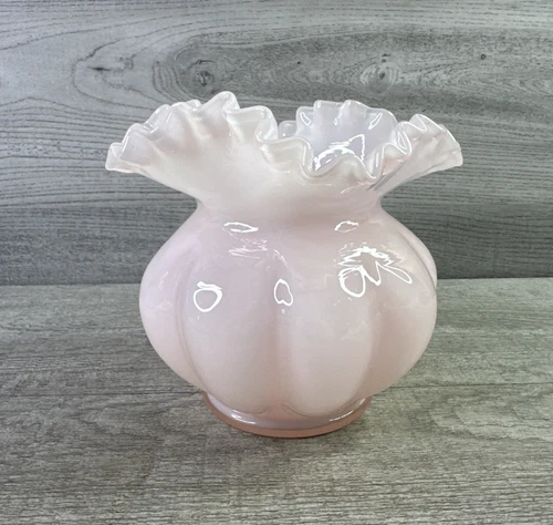 Fenton Light Pink Overlay Glass 5”  Melon Rose Bowl Vase