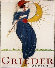 POSTER GRIEDER ZURICH LUXURY FASHION WOMAN UMBRELLA SUN VINTAGE REPRO FREE S/H