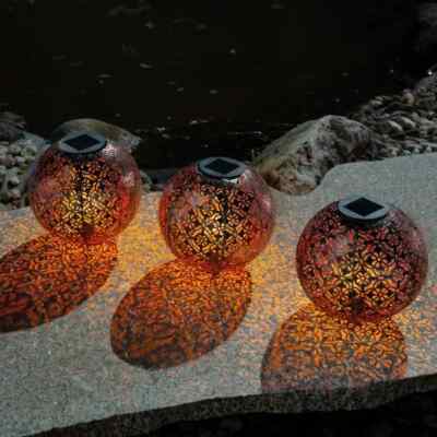 3x 18cm LED Solarkugel Metall Garten Kugel Solar Deko Leuchte Lampe Leuchtkugel