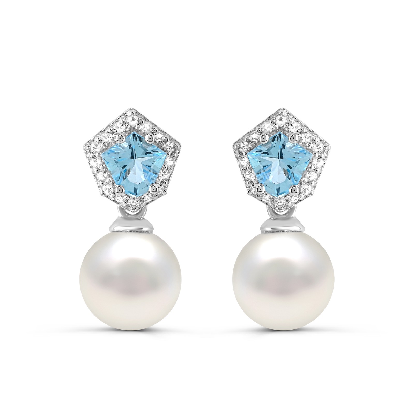 Sterling Silver Pearl & Swiss Blue and White Topaz Drop & Dangle Earrings