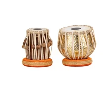 QUEENBRASS-Brass Tabla Set Engraved Bayan Wood Dayan Cushions Hammer Bag Kit
