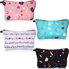 4 Pieces Nurses Cosmetic Bag Funny Teeth Makeup Bags Nurse Pink, Blue, Black