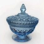 VTG Anchor Hocking Wexford Blue Glass Covered Candy Compote Dish 7.5" Pedestal