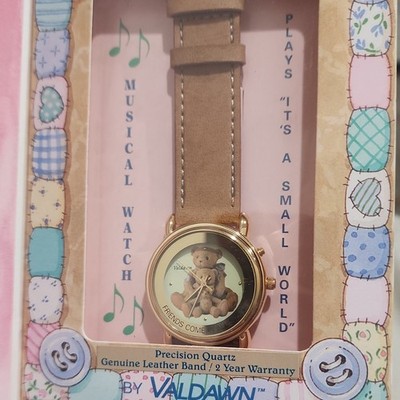 Valdawn Cherished Teddies Teddy Bear Quartz Watch Brown Leather Band Gold Case