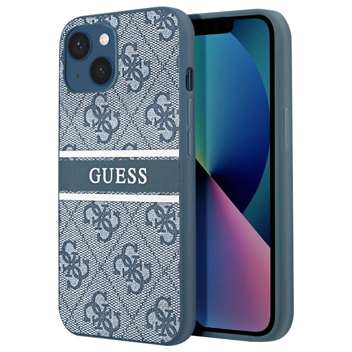 Coque iPhone 13 Mini Guess 4G Stripe bleue en silicone chic